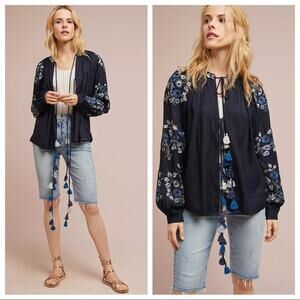 Anthropologie Ranna Gill Tasseled Embroidery Pheasant Kimono Jacket Size M Navy